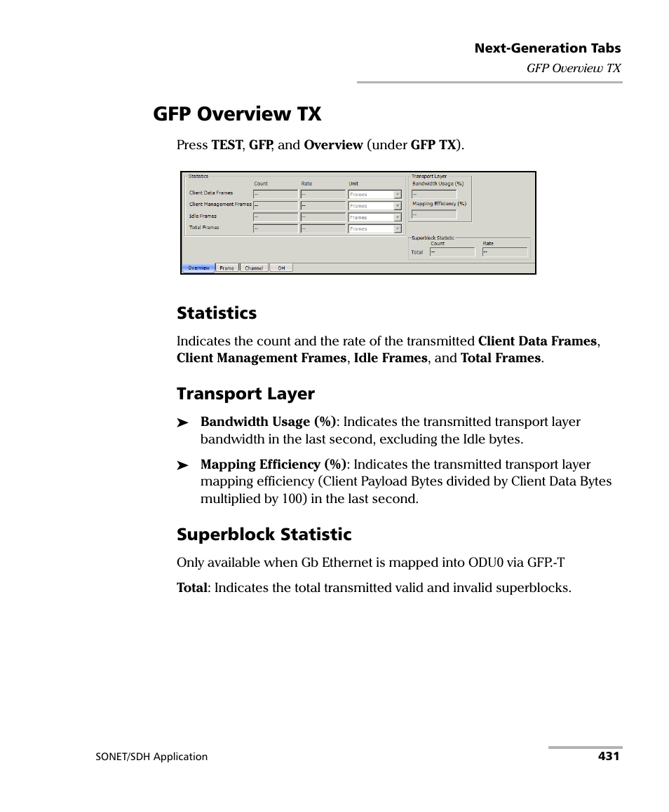 Gfp overview tx, Statistics, Transport layer | Superblock statistic | EXFO IQS-8100 Series Transport Blazer for IQS-600 User Manual | Page 445 / 719