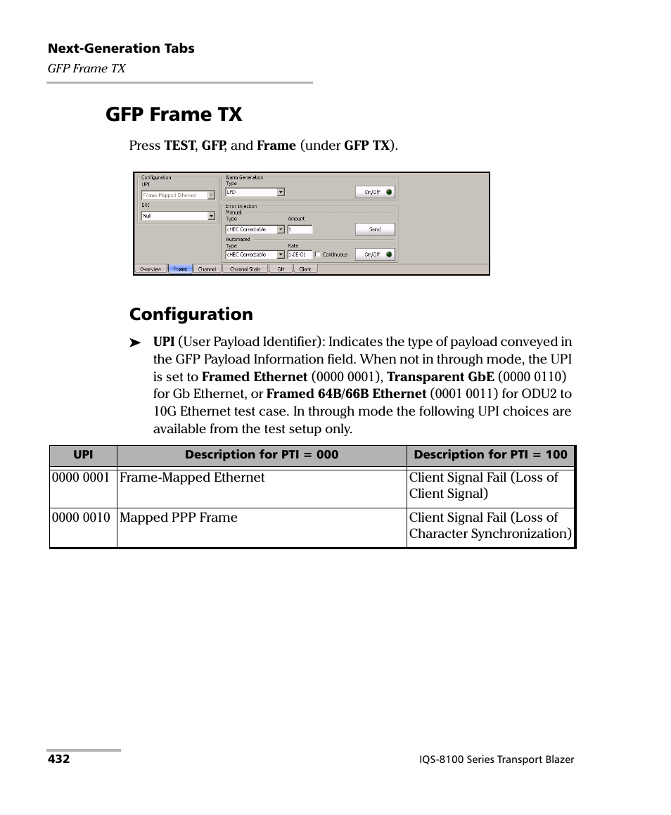 Gfp frame tx, Configuration | EXFO IQS-8100 Series Transport Blazer for IQS-600 User Manual | Page 446 / 719