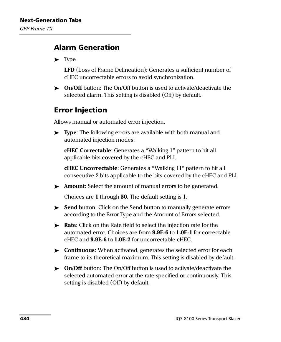 Alarm generation, Error injection | EXFO IQS-8100 Series Transport Blazer for IQS-600 User Manual | Page 448 / 719