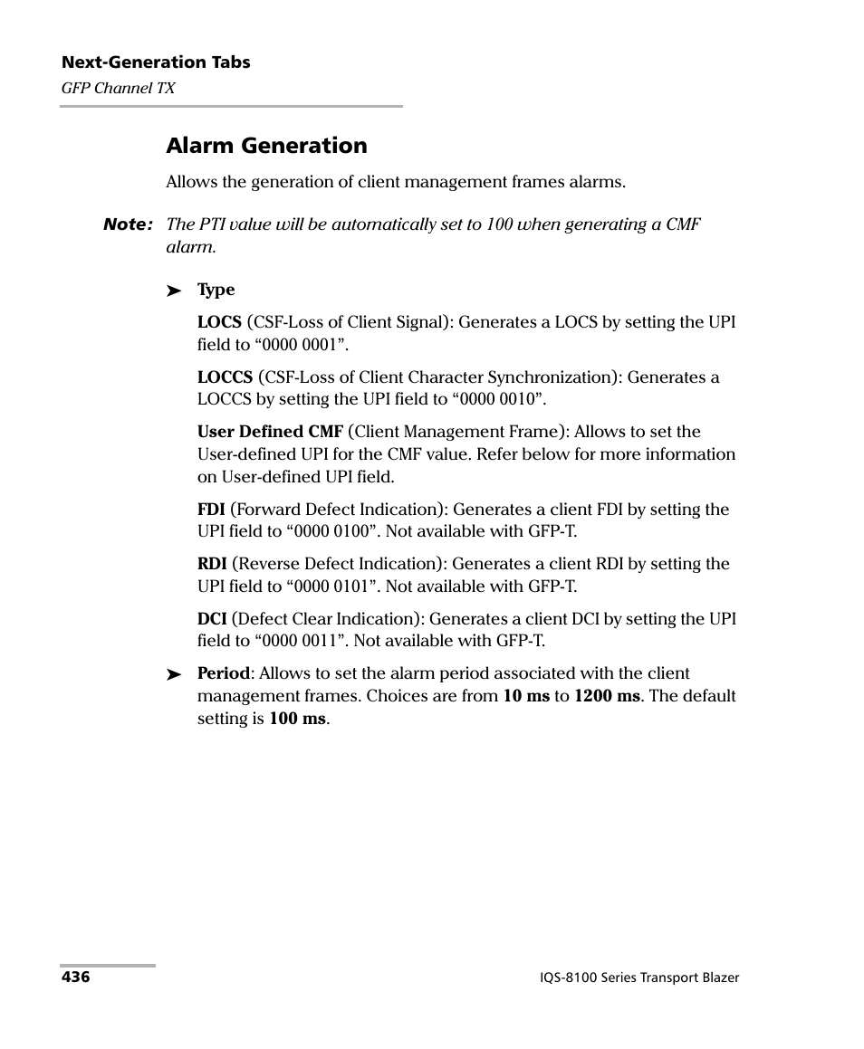 Alarm generation | EXFO IQS-8100 Series Transport Blazer for IQS-600 User Manual | Page 450 / 719