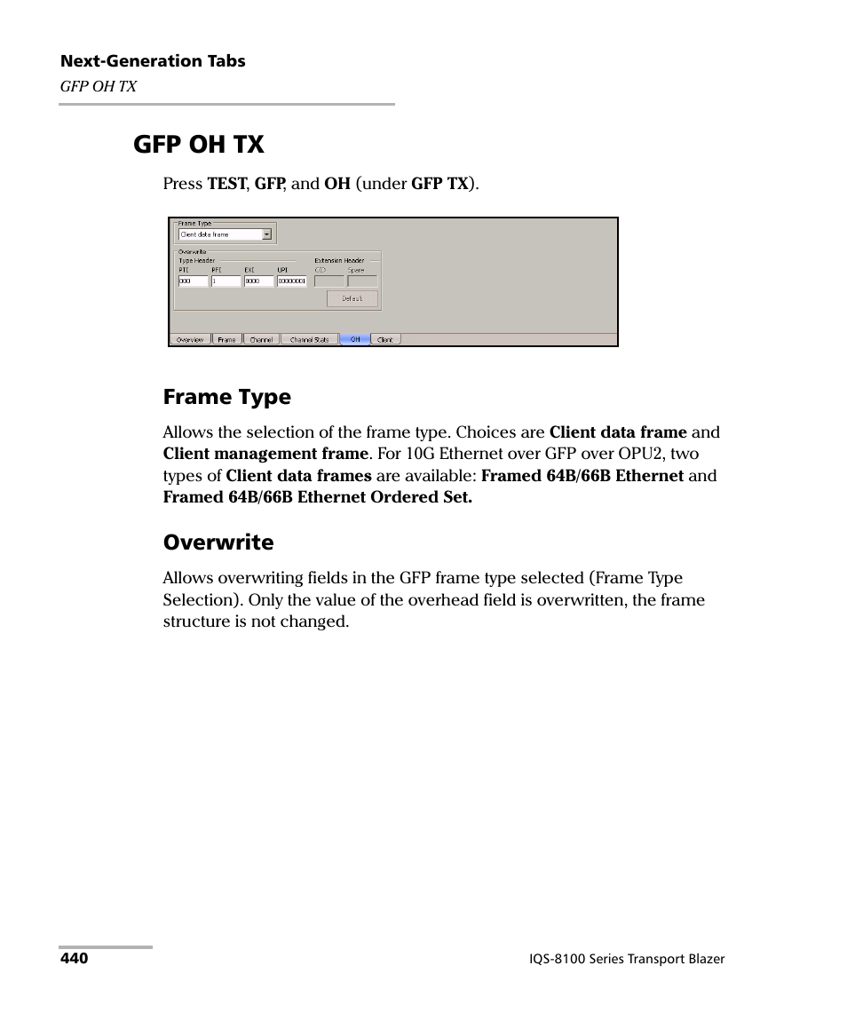 Gfp oh tx, Frame type, Overwrite | EXFO IQS-8100 Series Transport Blazer for IQS-600 User Manual | Page 454 / 719