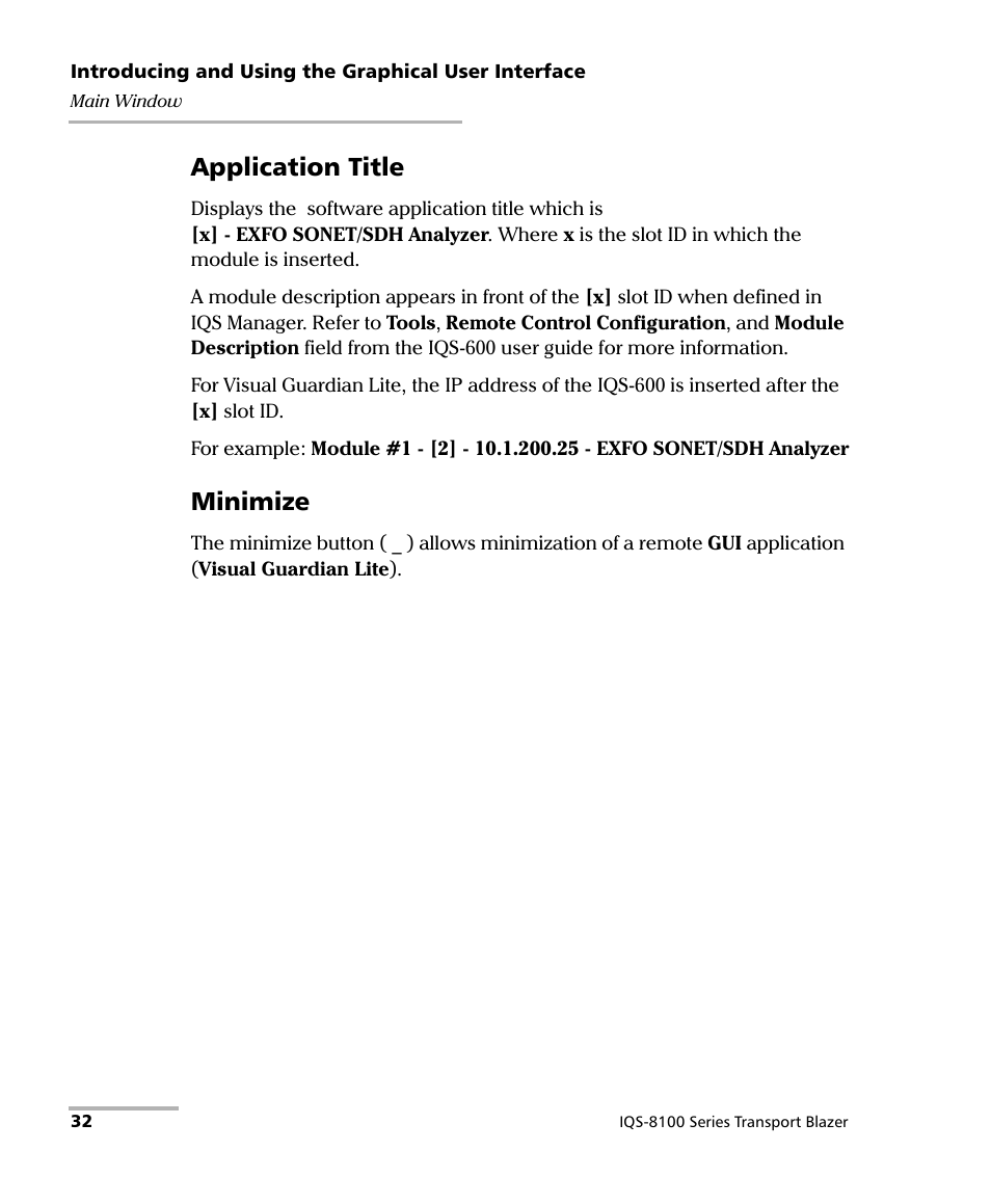 Application title, Minimize | EXFO IQS-8100 Series Transport Blazer for IQS-600 User Manual | Page 46 / 719