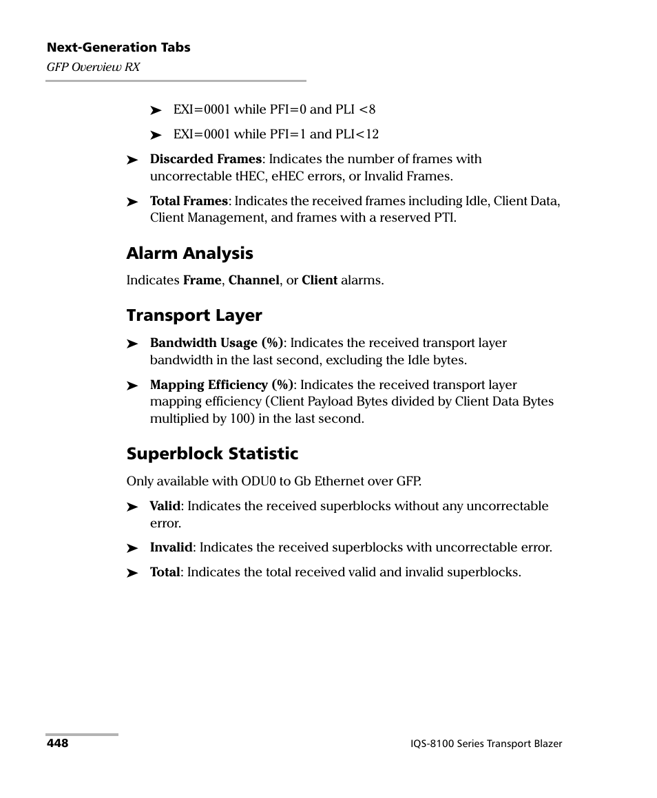 Alarm analysis, Transport layer, Superblock statistic | EXFO IQS-8100 Series Transport Blazer for IQS-600 User Manual | Page 462 / 719