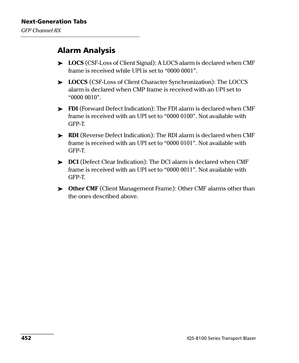 Alarm analysis | EXFO IQS-8100 Series Transport Blazer for IQS-600 User Manual | Page 466 / 719