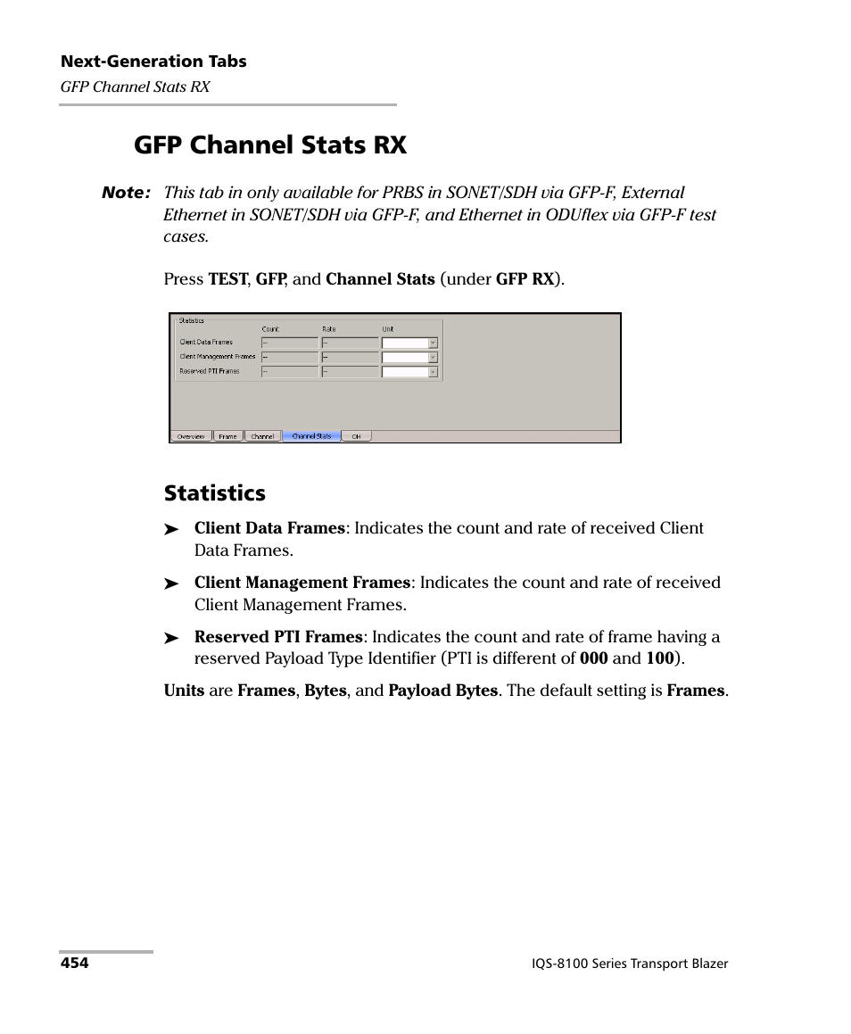 Gfp channel stats rx, Statistics | EXFO IQS-8100 Series Transport Blazer for IQS-600 User Manual | Page 468 / 719