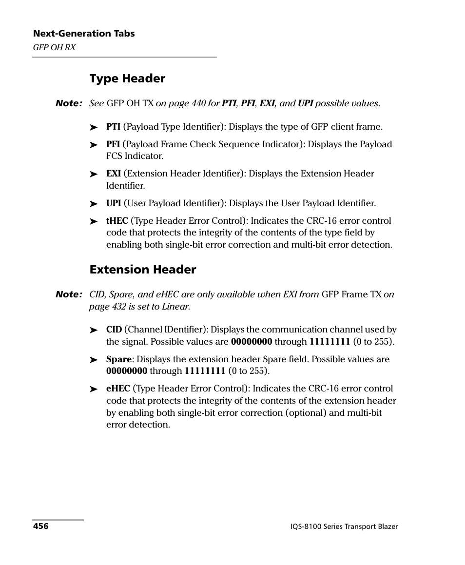 Type header, Extension header | EXFO IQS-8100 Series Transport Blazer for IQS-600 User Manual | Page 470 / 719