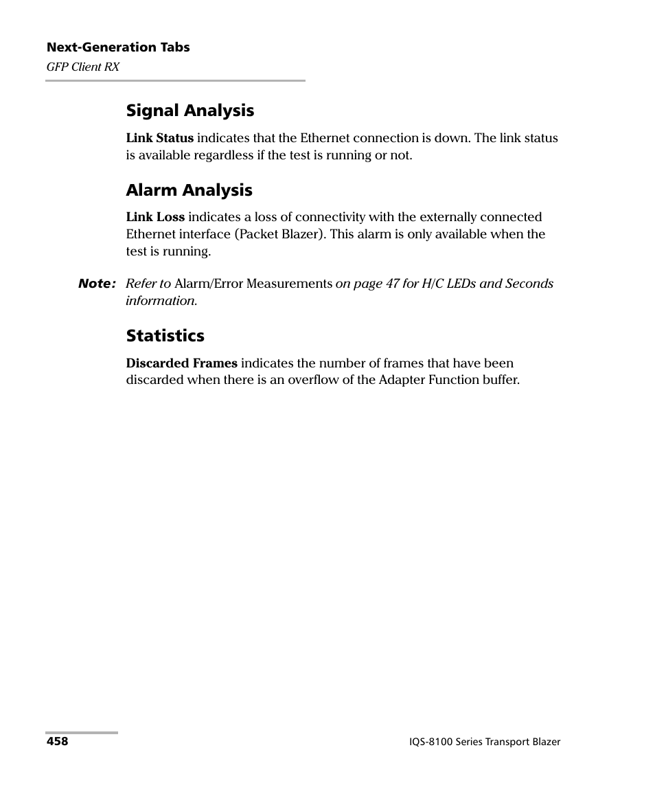 Signal analysis, Alarm analysis, Statistics | EXFO IQS-8100 Series Transport Blazer for IQS-600 User Manual | Page 472 / 719