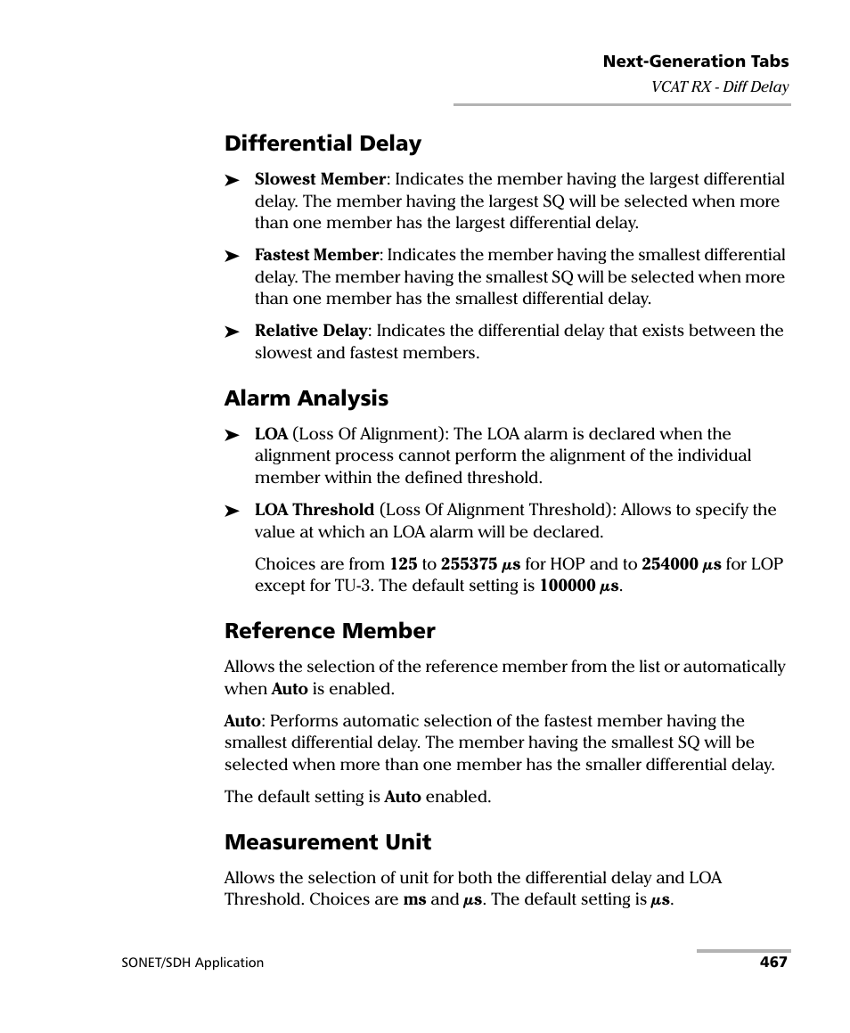 Differential delay, Alarm analysis, Reference member | Measurement unit | EXFO IQS-8100 Series Transport Blazer for IQS-600 User Manual | Page 481 / 719