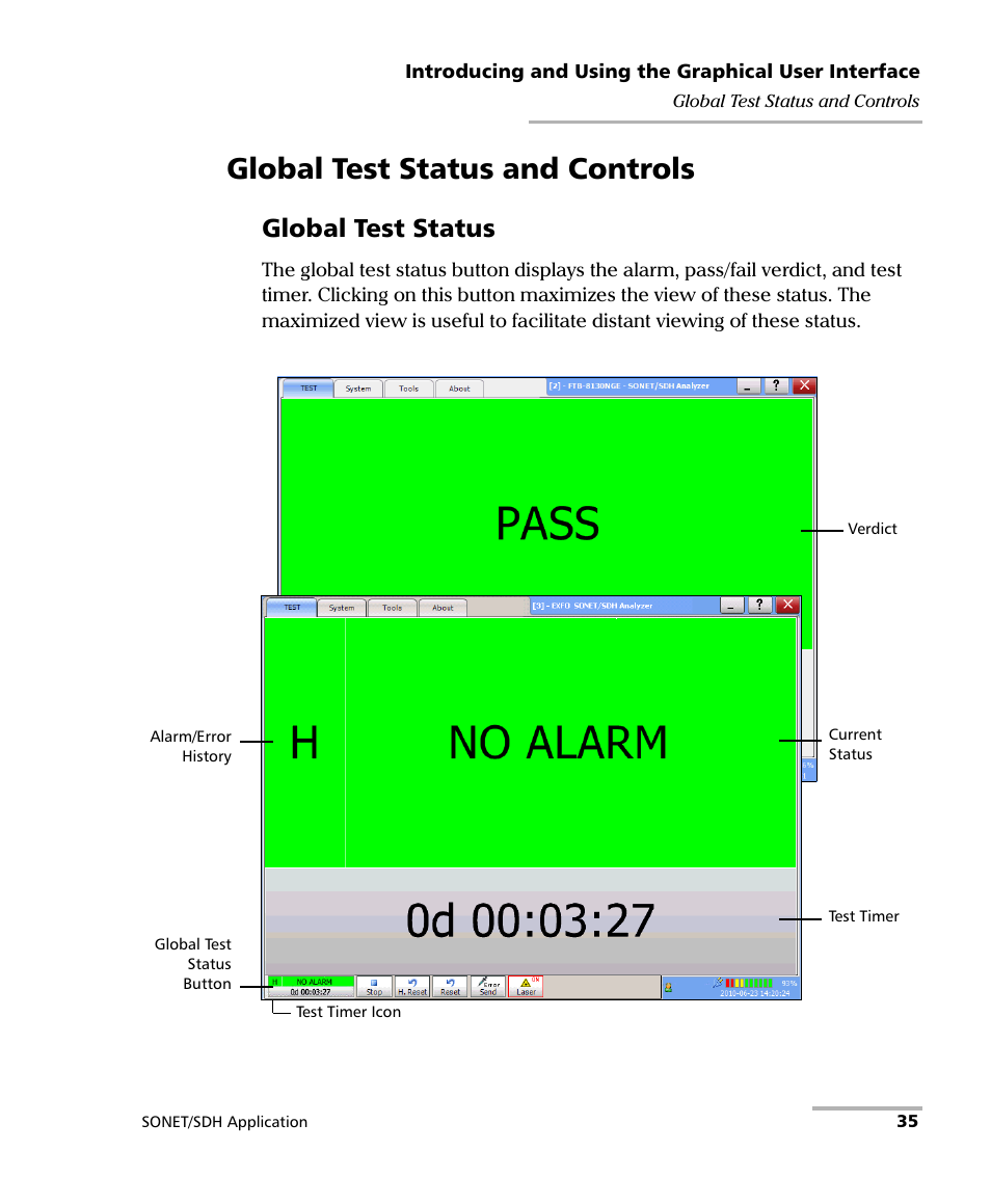 Global test status and controls, Global test status | EXFO IQS-8100 Series Transport Blazer for IQS-600 User Manual | Page 49 / 719