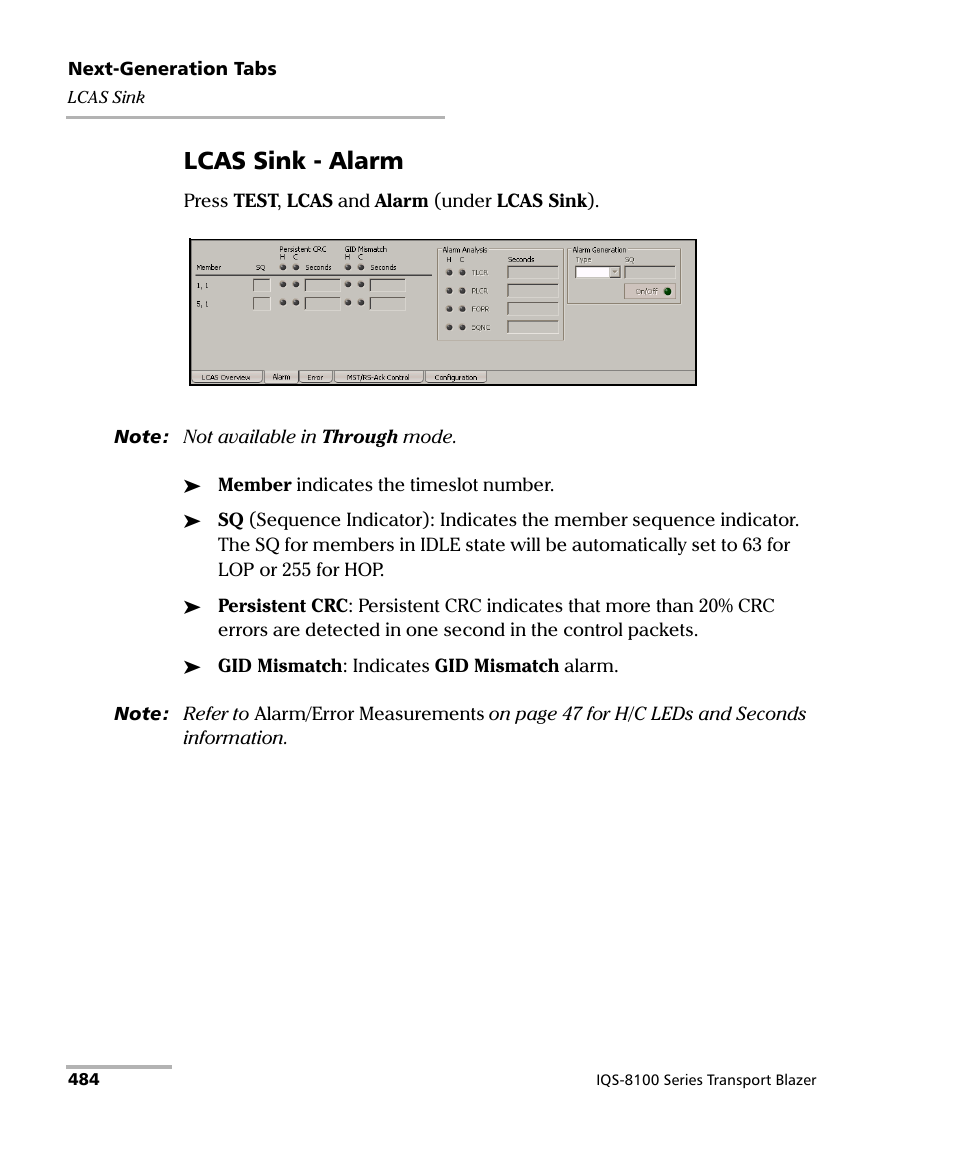 Lcas sink - alarm | EXFO IQS-8100 Series Transport Blazer for IQS-600 User Manual | Page 498 / 719