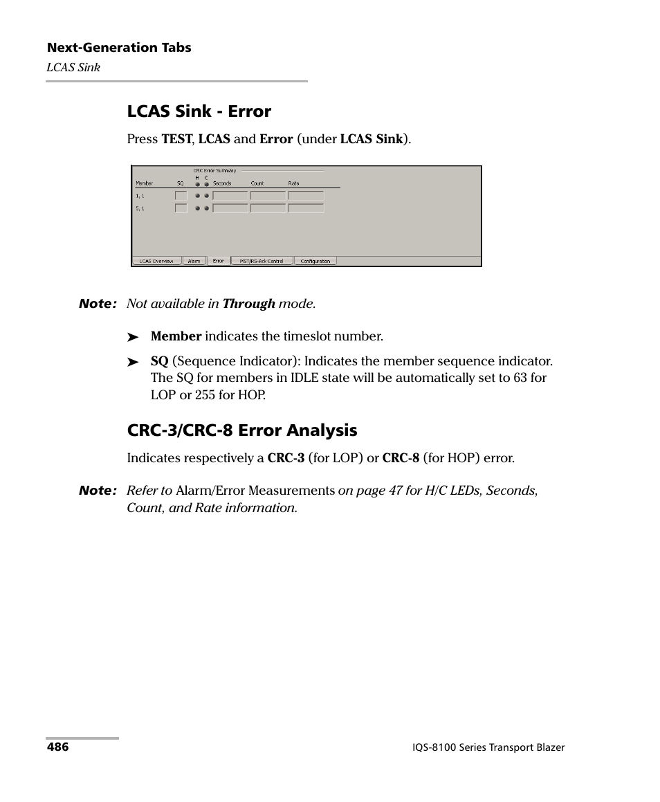 Lcas sink - error, Crc-3/crc-8 error analysis | EXFO IQS-8100 Series Transport Blazer for IQS-600 User Manual | Page 500 / 719