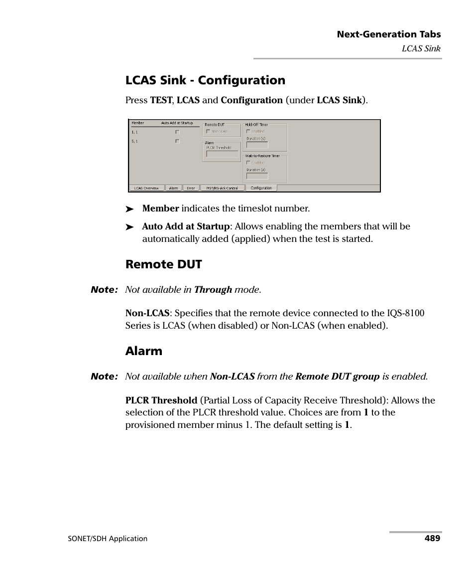 Lcas sink - configuration, Remote dut, Alarm | EXFO IQS-8100 Series Transport Blazer for IQS-600 User Manual | Page 503 / 719