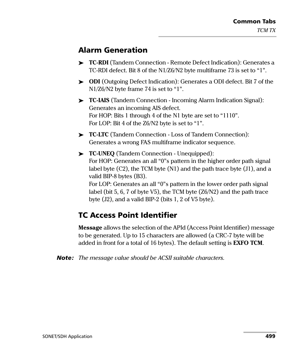 Alarm generation, Tc access point identifier | EXFO IQS-8100 Series Transport Blazer for IQS-600 User Manual | Page 513 / 719