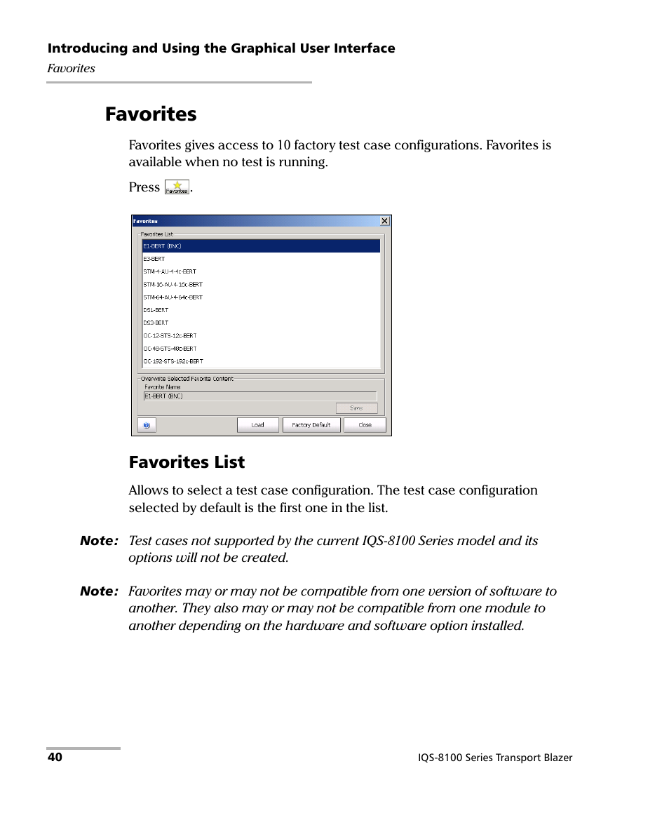 Favorites, Favorites list | EXFO IQS-8100 Series Transport Blazer for IQS-600 User Manual | Page 54 / 719