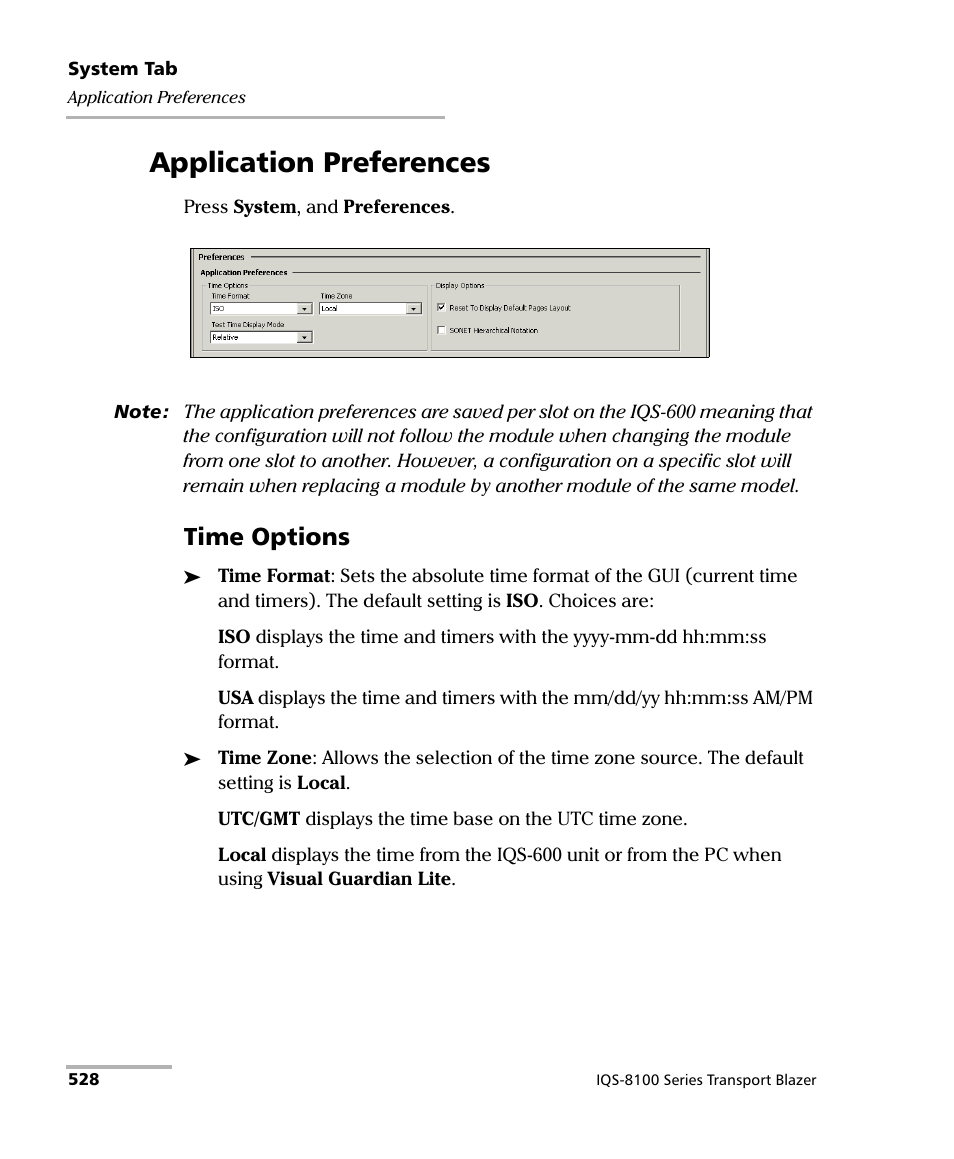 Application preferences, Time options | EXFO IQS-8100 Series Transport Blazer for IQS-600 User Manual | Page 542 / 719