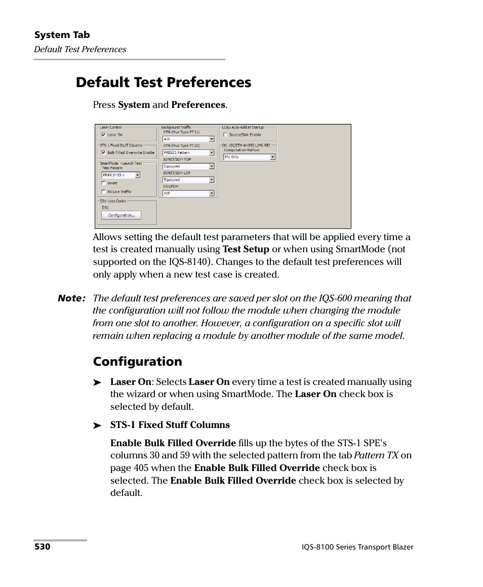 Default test preferences, Configuration | EXFO IQS-8100 Series Transport Blazer for IQS-600 User Manual | Page 544 / 719