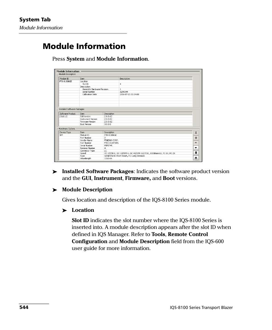 Module information | EXFO IQS-8100 Series Transport Blazer for IQS-600 User Manual | Page 558 / 719