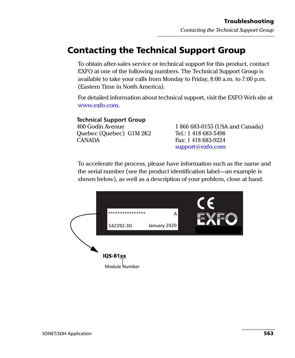 Contacting the technical support group | EXFO IQS-8100 Series Transport Blazer for IQS-600 User Manual | Page 577 / 719