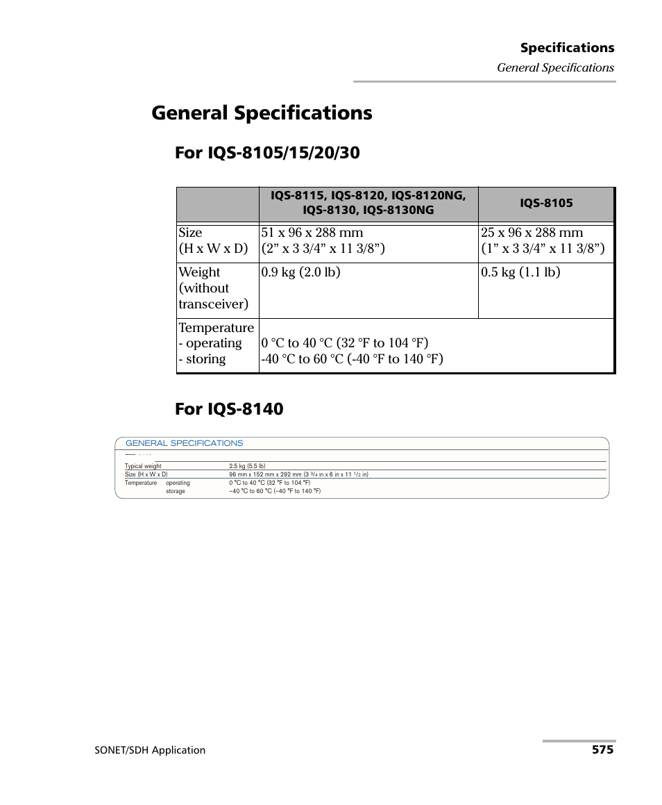 General specifications, Specifications | EXFO IQS-8100 Series Transport Blazer for IQS-600 User Manual | Page 589 / 719