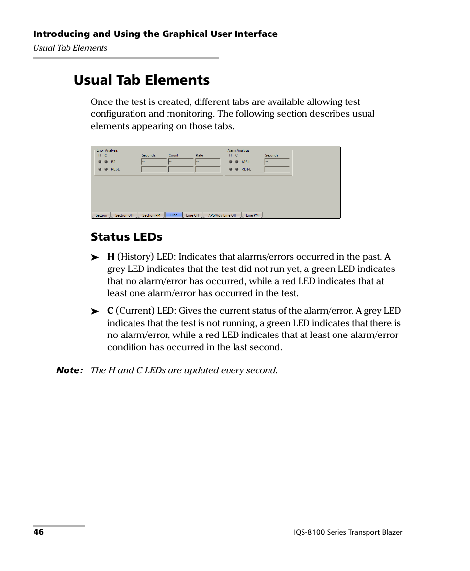 Usual tab elements, Status leds | EXFO IQS-8100 Series Transport Blazer for IQS-600 User Manual | Page 60 / 719
