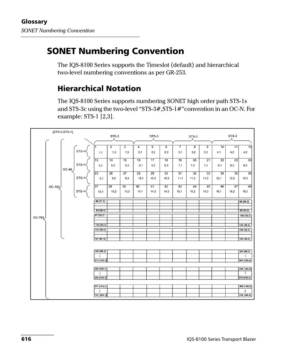 Sonet numbering convention, Hierarchical notation | EXFO IQS-8100 Series Transport Blazer for IQS-600 User Manual | Page 630 / 719