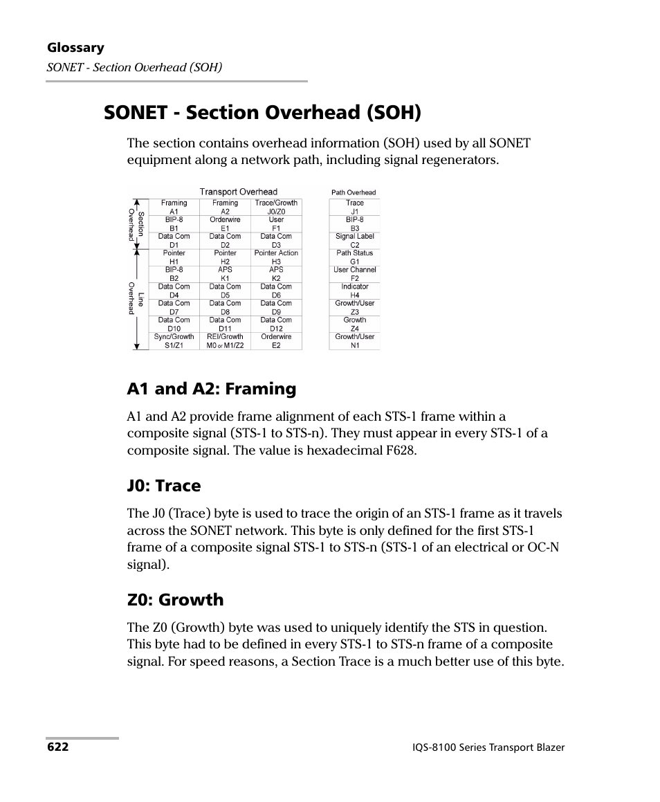 Sonet - section overhead (soh), A1 and a2: framing, J0: trace | Z0: growth | EXFO IQS-8100 Series Transport Blazer for IQS-600 User Manual | Page 636 / 719