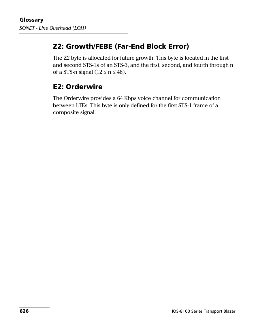 Z2: growth/febe (far-end block error), E2: orderwire | EXFO IQS-8100 Series Transport Blazer for IQS-600 User Manual | Page 640 / 719