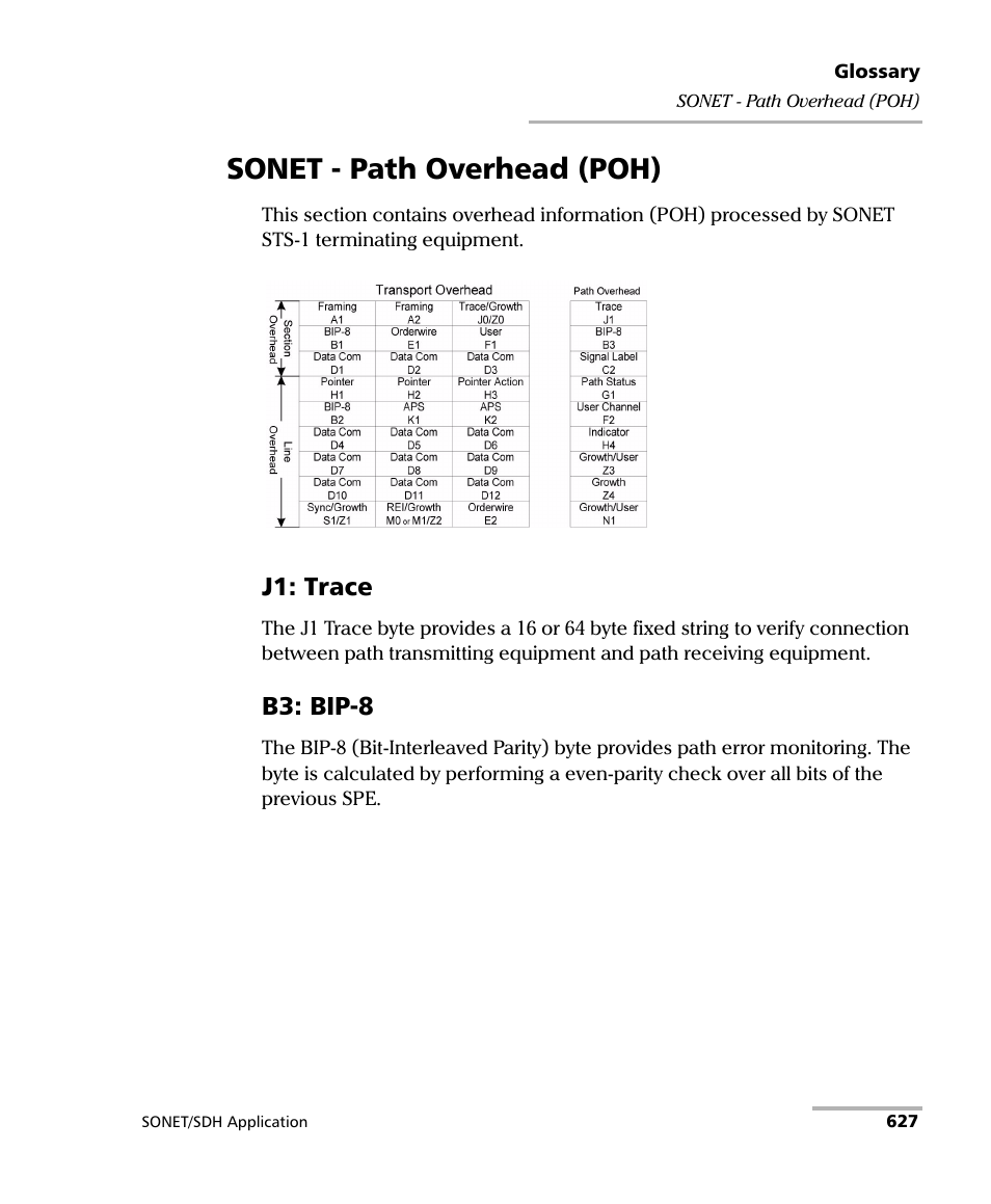 Sonet - path overhead (poh), J1: trace, B3: bip-8 | EXFO IQS-8100 Series Transport Blazer for IQS-600 User Manual | Page 641 / 719