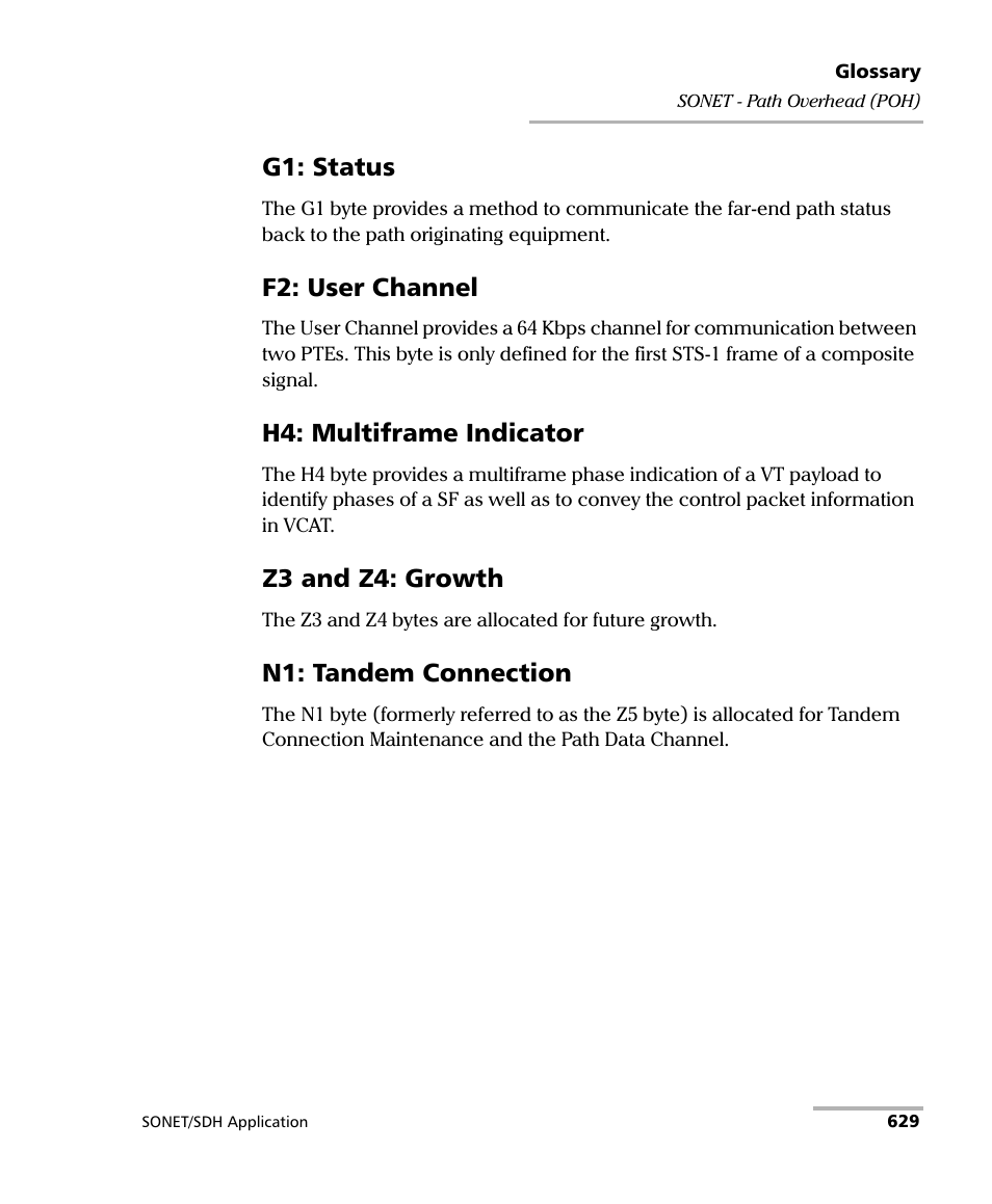 G1: status, F2: user channel, H4: multiframe indicator | Z3 and z4: growth, N1: tandem connection | EXFO IQS-8100 Series Transport Blazer for IQS-600 User Manual | Page 643 / 719