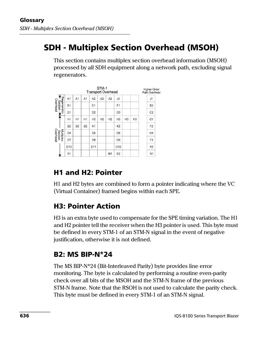 Sdh - multiplex section overhead (msoh), H1 and h2: pointer, H3: pointer action | B2: ms bip-n*24 | EXFO IQS-8100 Series Transport Blazer for IQS-600 User Manual | Page 650 / 719