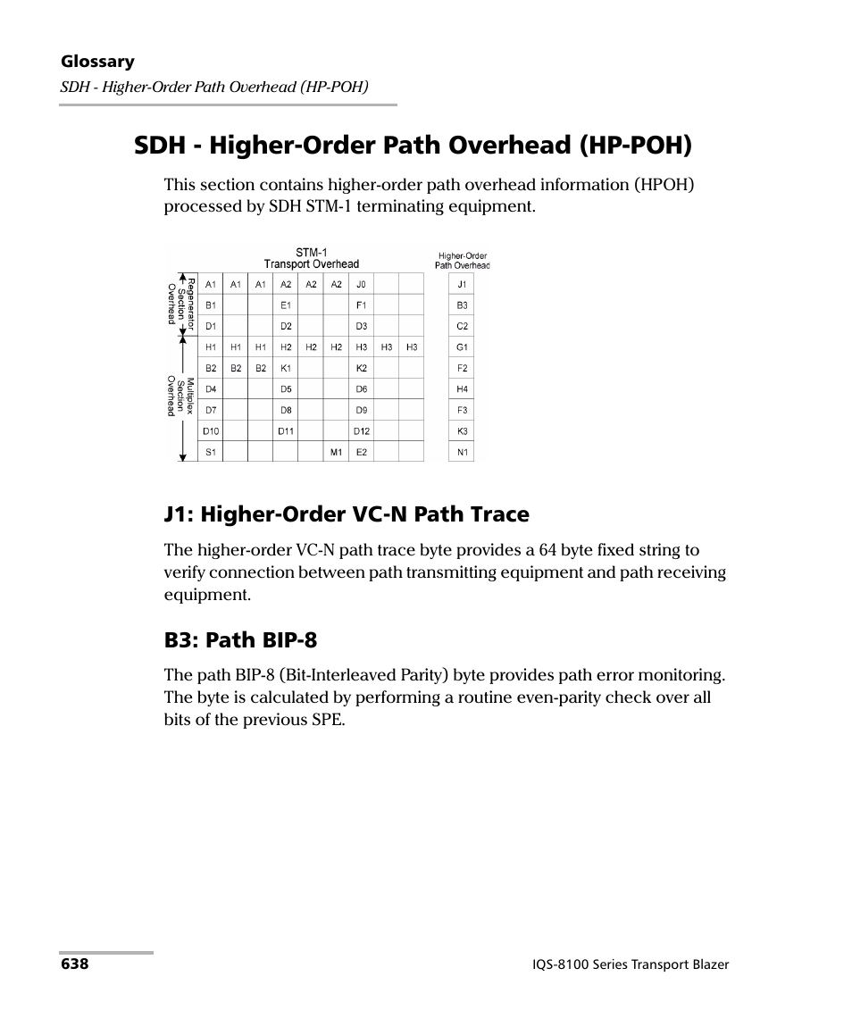 Sdh - higher-order path overhead (hp-poh), J1: higher-order vc-n path trace, B3: path bip-8 | EXFO IQS-8100 Series Transport Blazer for IQS-600 User Manual | Page 652 / 719