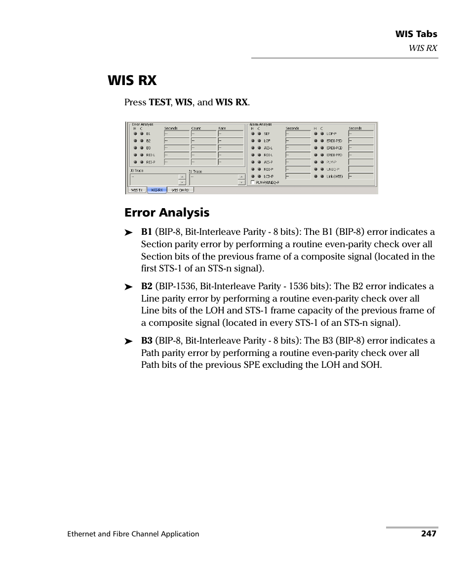 Wis rx, Error analysis | EXFO IQS-8500 Series for IQS-600 User Manual | Page 261 / 546