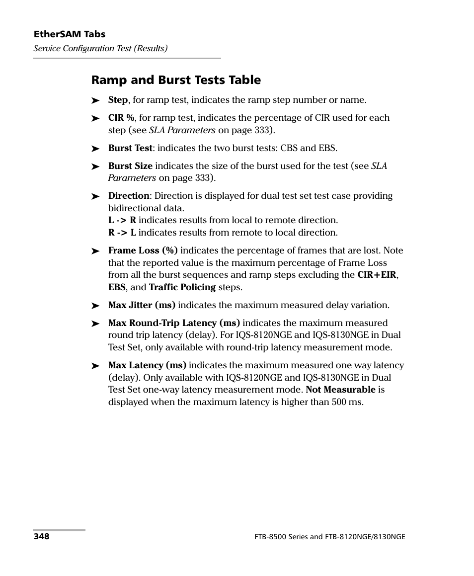 Ramp and burst tests table | EXFO IQS-8500 Series for IQS-600 User Manual | Page 362 / 546