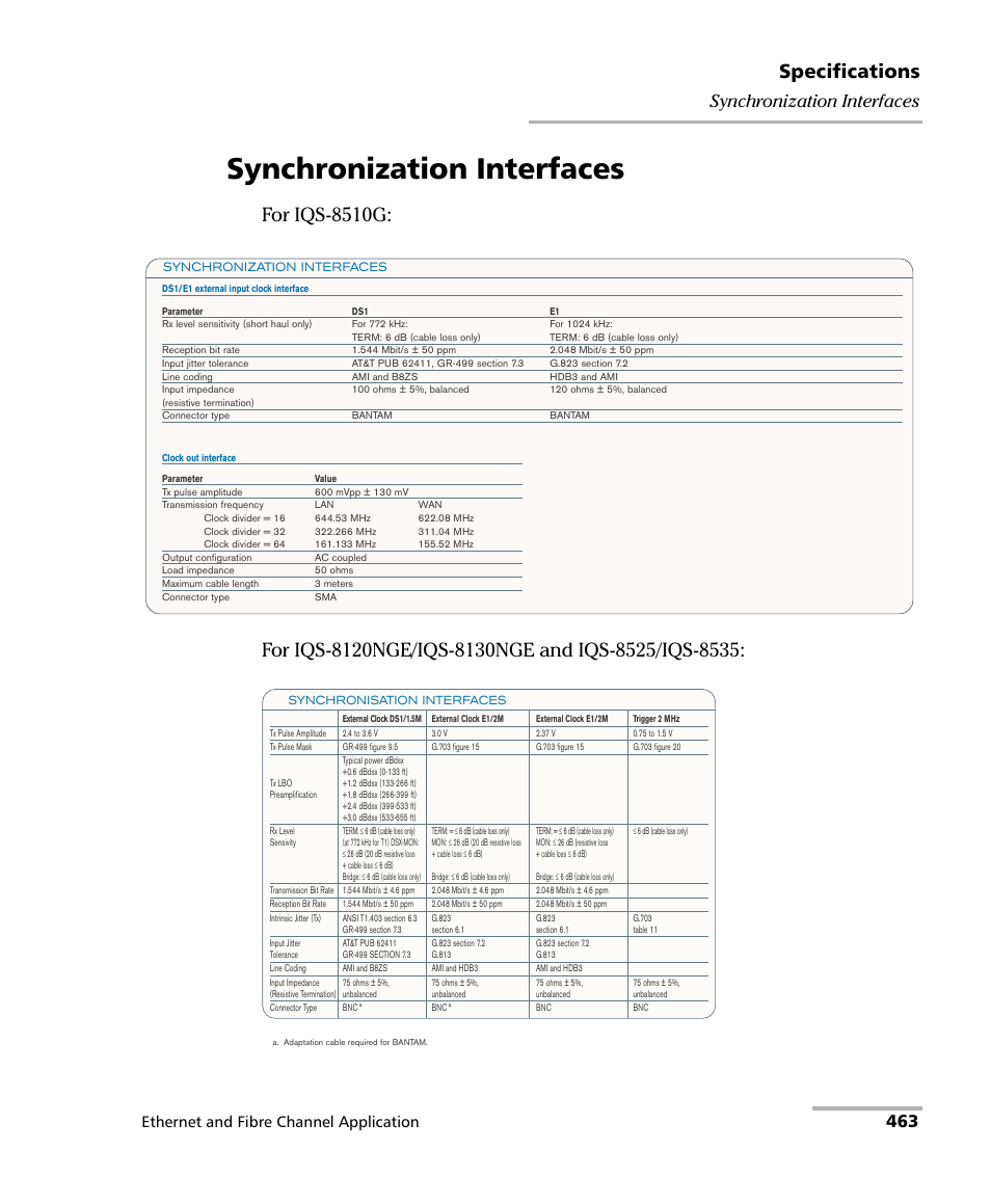 Synchronization interfaces, Specifications, 463 synchronization interfaces | Ethernet and fibre channel application | EXFO IQS-8500 Series for IQS-600 User Manual | Page 477 / 546