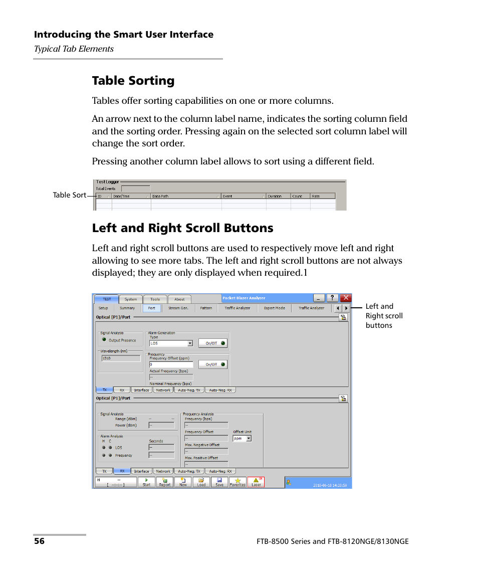 Table sorting, Left and right scroll buttons | EXFO IQS-8500 Series for IQS-600 User Manual | Page 70 / 546