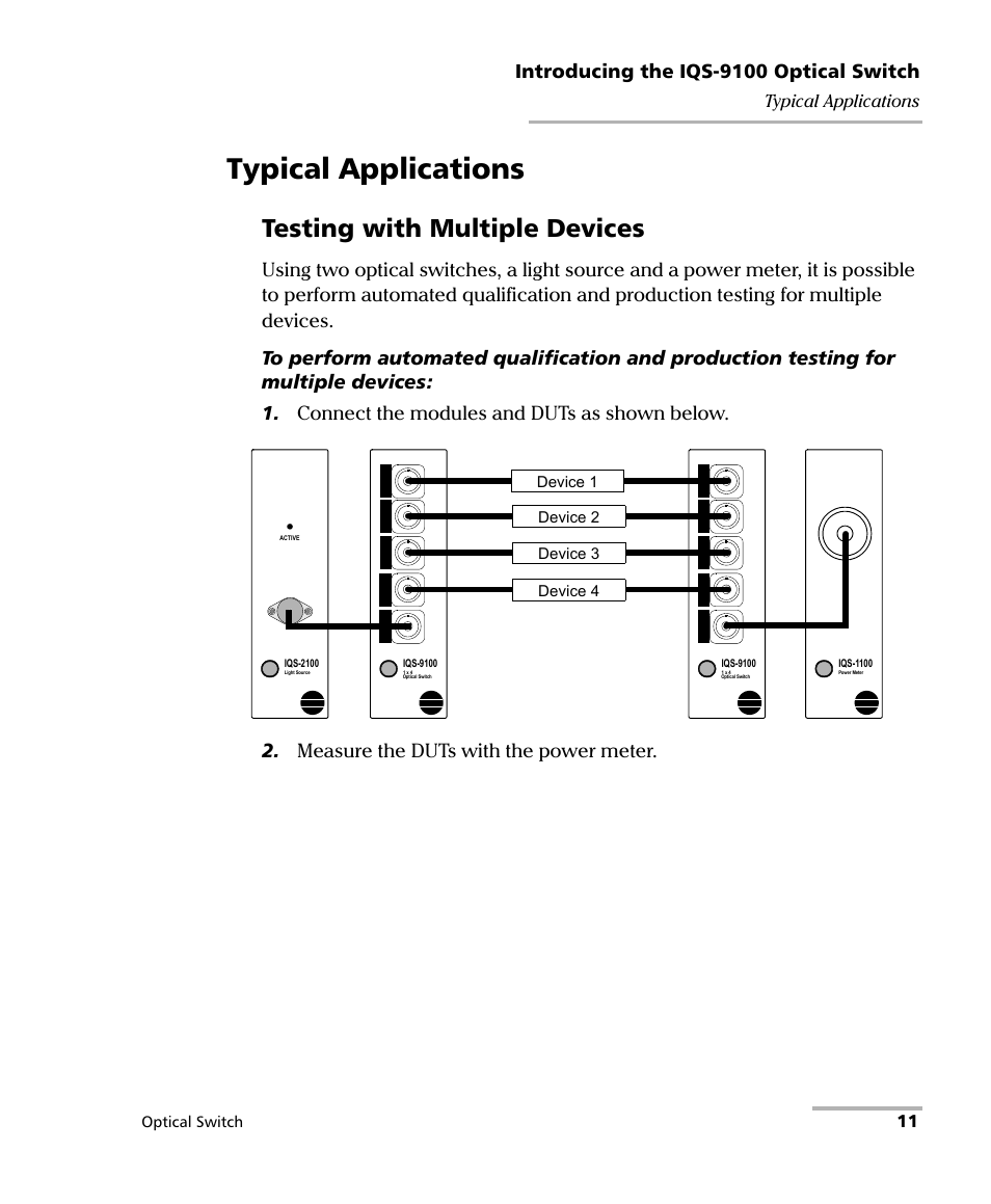 Typical applications, Testing with multiple devices, Introducing the iqs-9100 optical switch | 11 typical applications | EXFO IQS-9100 Optical Switch for IQS-500/600 User Manual | Page 17 / 99