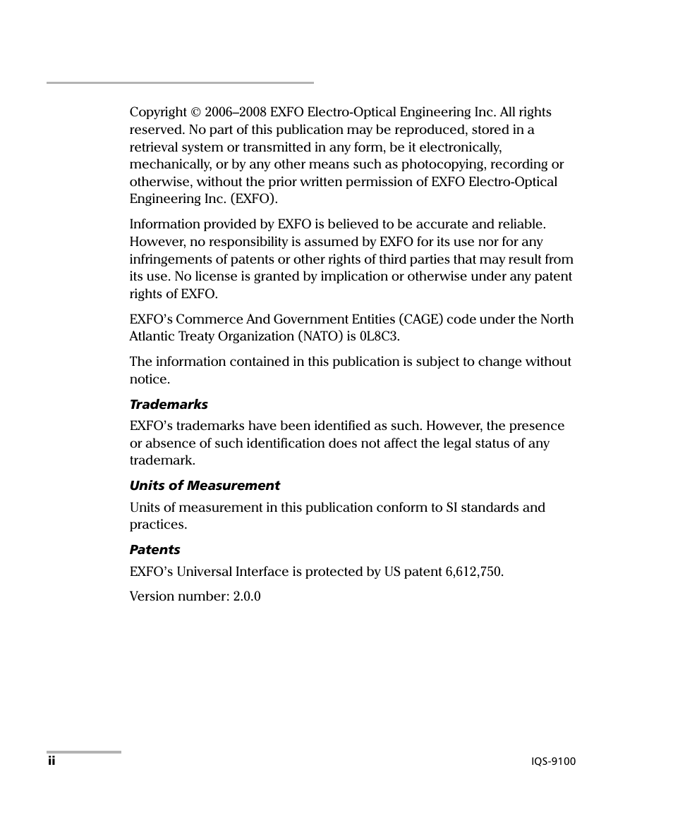 EXFO IQS-9100 Optical Switch for IQS-500/600 User Manual | Page 2 / 99