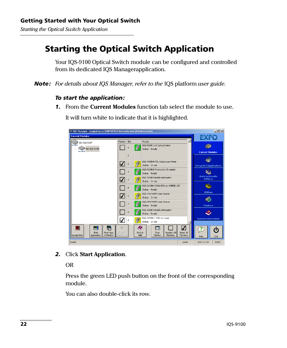 Starting the optical switch application | EXFO IQS-9100 Optical Switch for IQS-500/600 User Manual | Page 28 / 99