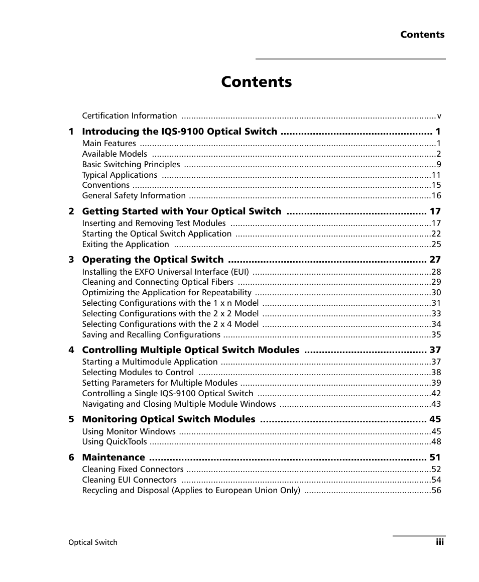 EXFO IQS-9100 Optical Switch for IQS-500/600 User Manual | Page 3 / 99