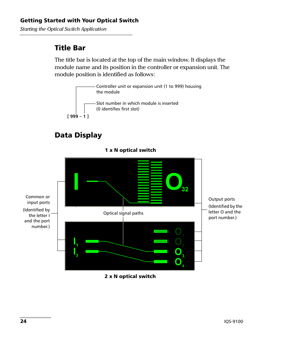 Title bar, Data display | EXFO IQS-9100 Optical Switch for IQS-500/600 User Manual | Page 30 / 99