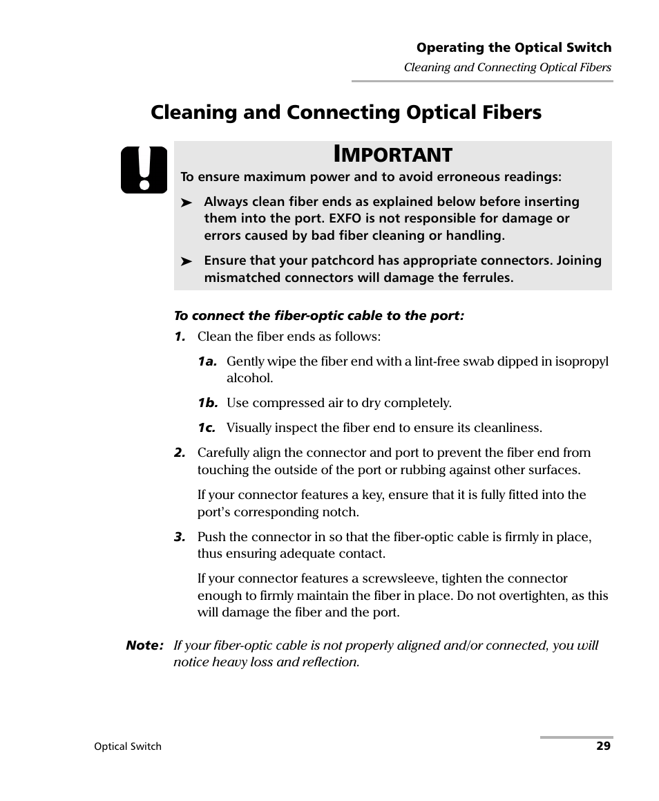 Cleaning and connecting optical fibers, Mportant | EXFO IQS-9100 Optical Switch for IQS-500/600 User Manual | Page 35 / 99