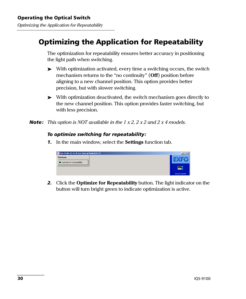 Optimizing the application for repeatability | EXFO IQS-9100 Optical Switch for IQS-500/600 User Manual | Page 36 / 99