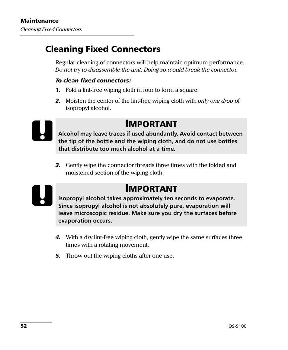 Cleaning fixed connectors, Mportant | EXFO IQS-9100 Optical Switch for IQS-500/600 User Manual | Page 58 / 99