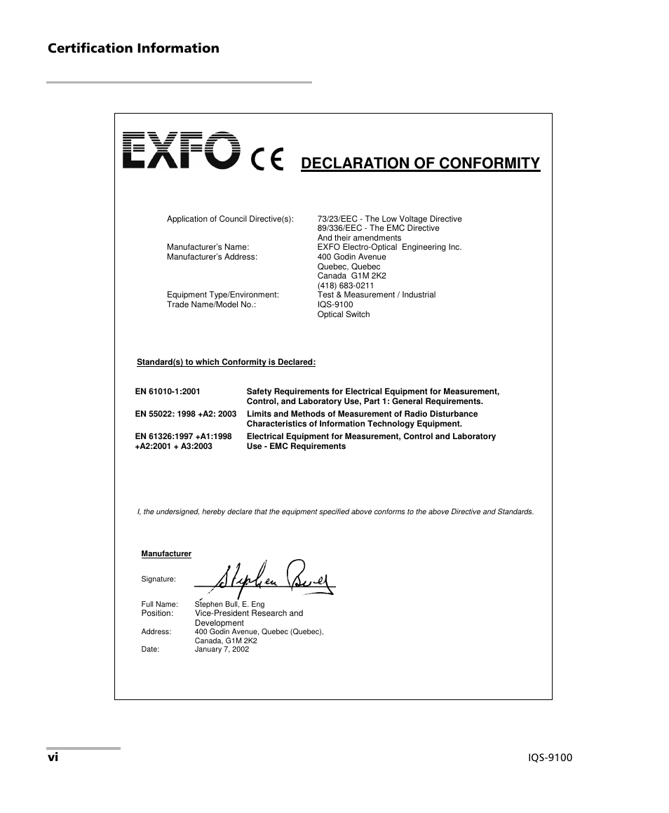 Declaration of conformity, Certification information, Iqs-9100 | EXFO IQS-9100 Optical Switch for IQS-500/600 User Manual | Page 6 / 99