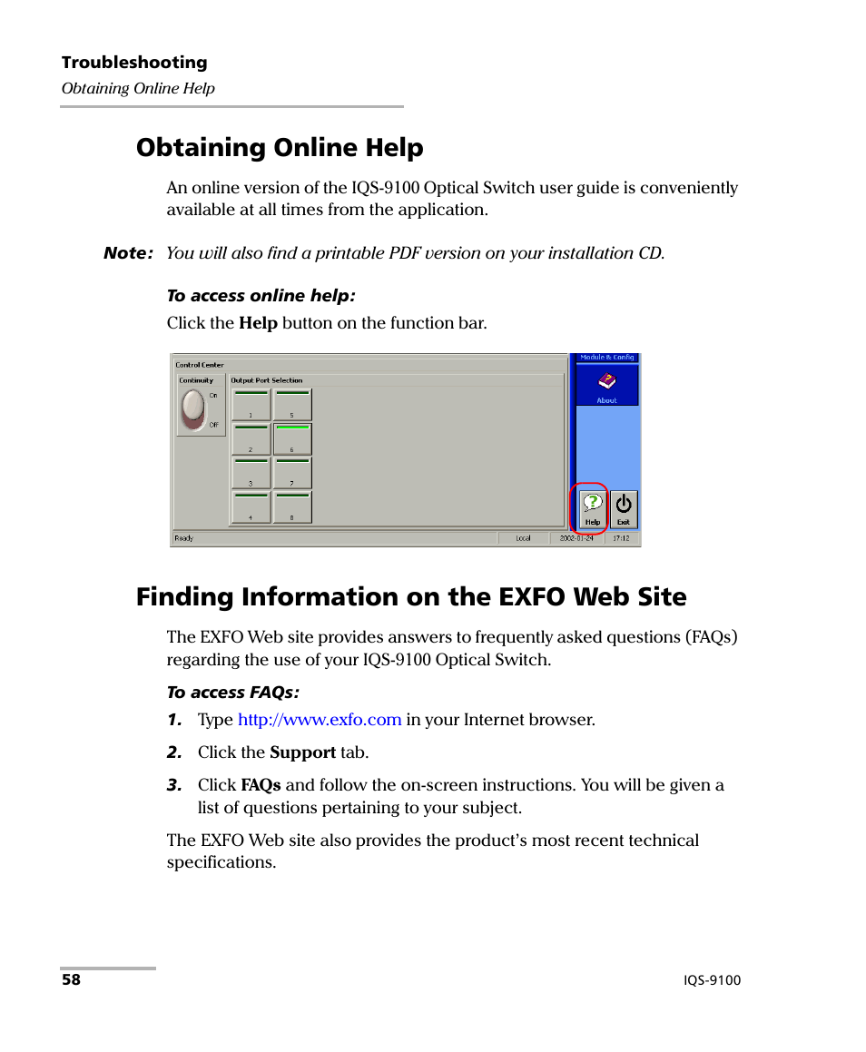 Obtaining online help, Finding information on the exfo web site | EXFO IQS-9100 Optical Switch for IQS-500/600 User Manual | Page 64 / 99