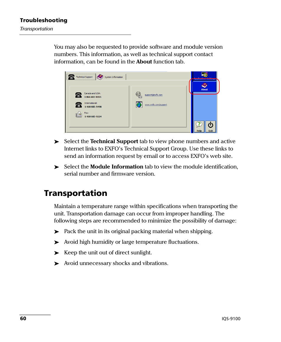 Transportation | EXFO IQS-9100 Optical Switch for IQS-500/600 User Manual | Page 66 / 99