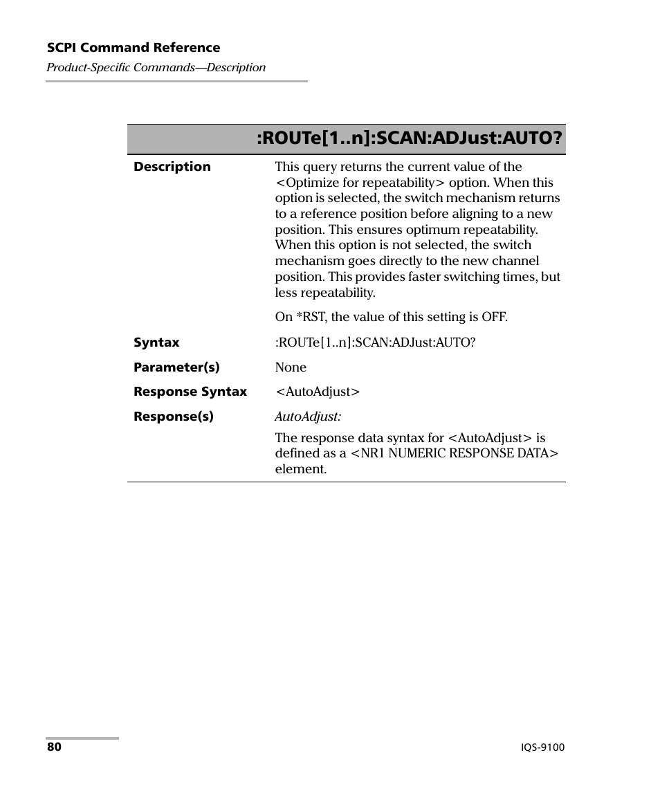 Route[1..n]:scan:adjust:auto | EXFO IQS-9100 Optical Switch for IQS-500/600 User Manual | Page 86 / 99