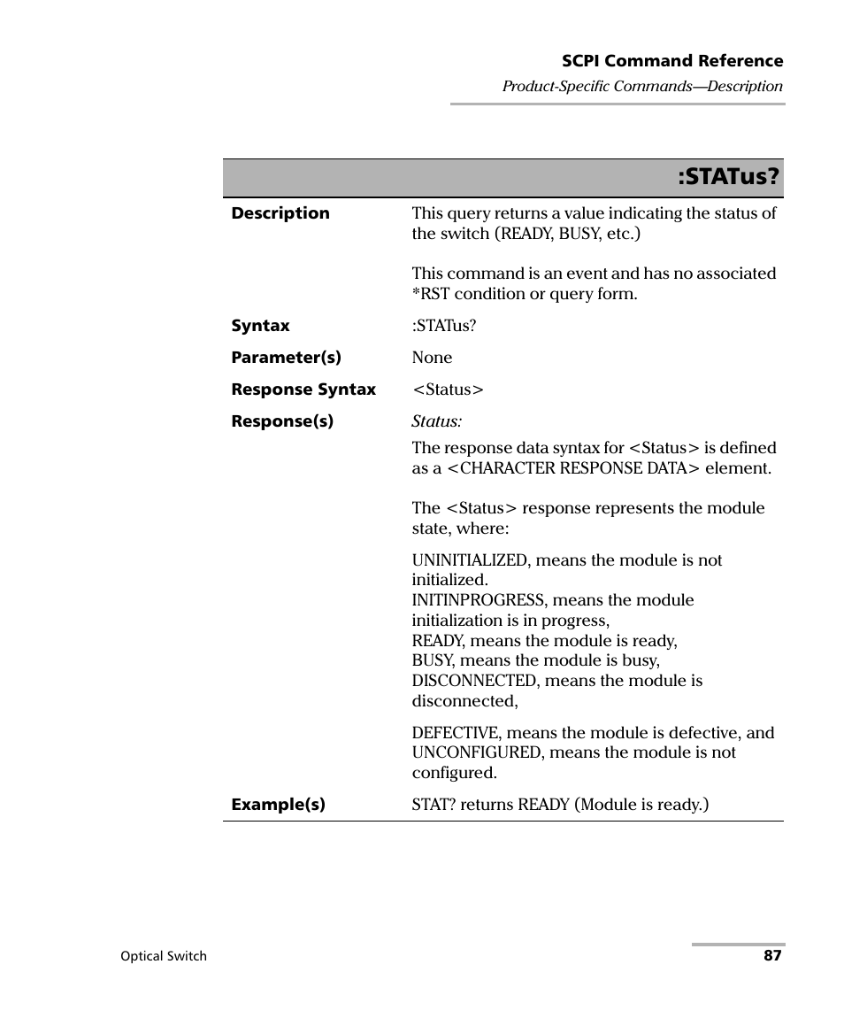 Status | EXFO IQS-9100 Optical Switch for IQS-500/600 User Manual | Page 93 / 99