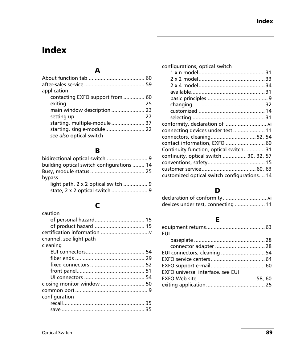 Index | EXFO IQS-9100 Optical Switch for IQS-500/600 User Manual | Page 95 / 99