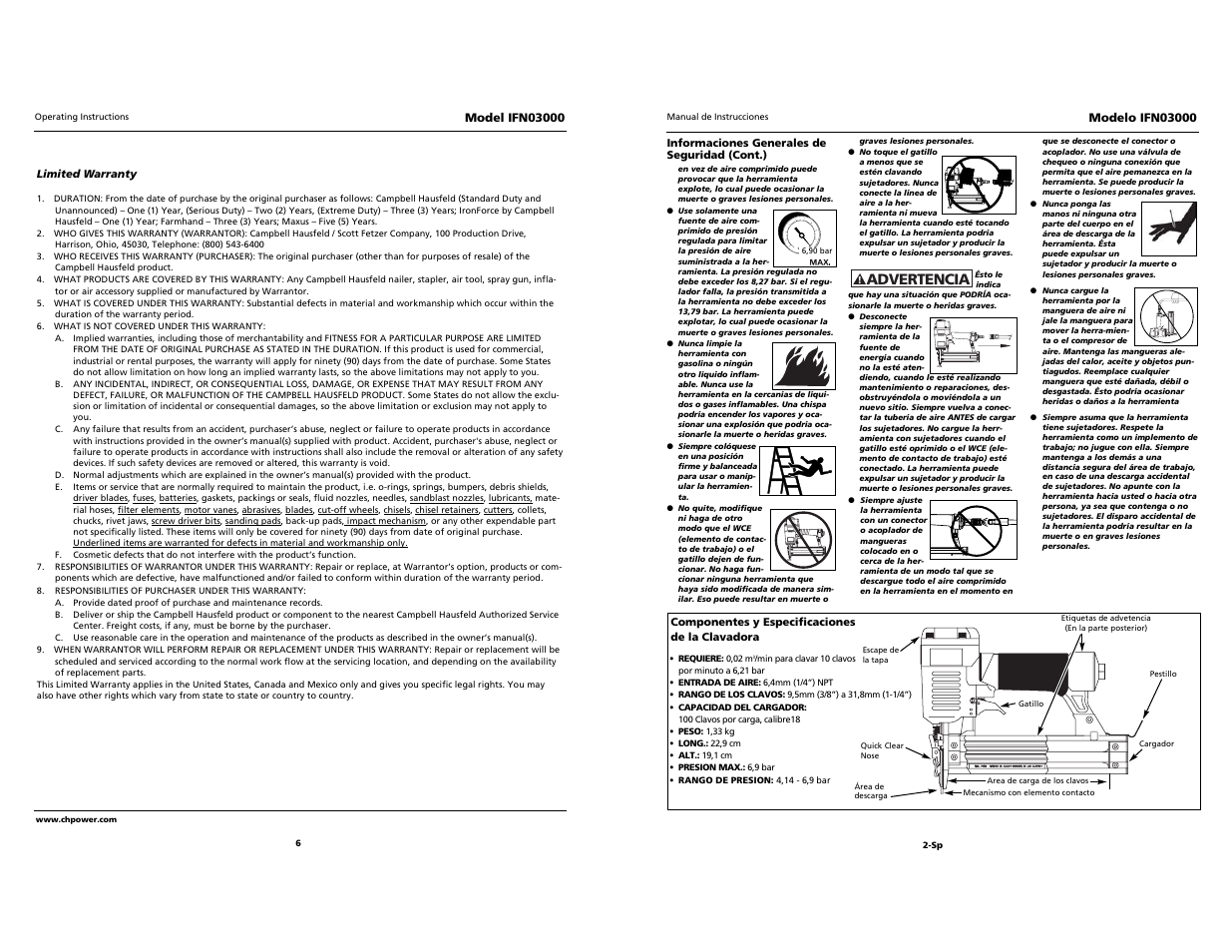 Campbell, Advertencia | Campbell Hausfeld IRONFORCE IFN03000 User Manual | Page 6 / 10